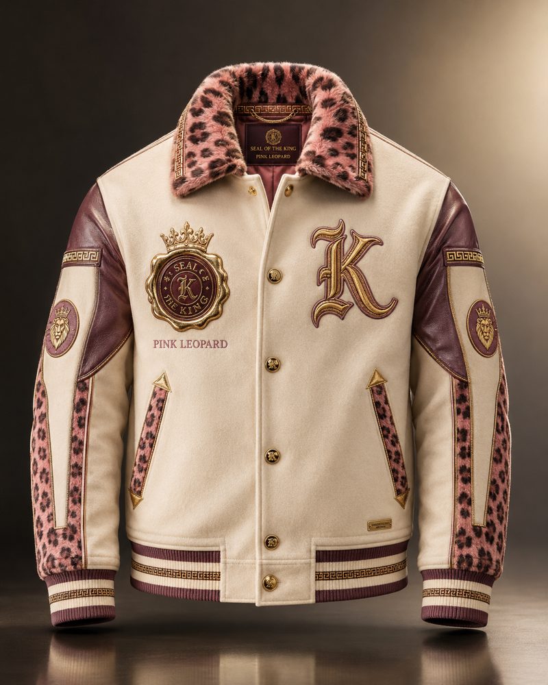 Pink Leopard varsity jacket — Seal of the King